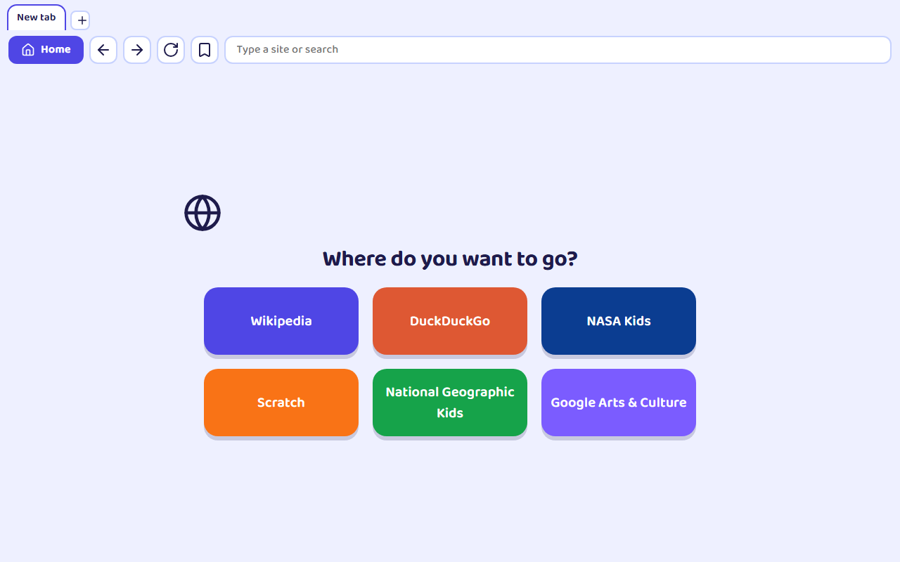 Kids browser start page with big bookmark tiles such as Wikipedia, NASA Kids and Scratch, and a search field