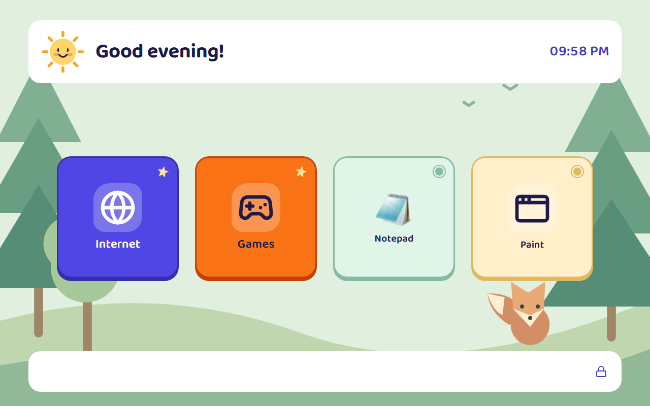 Kids screen with a greeting, the clock and four big tiles: Internet, Games and two approved apps